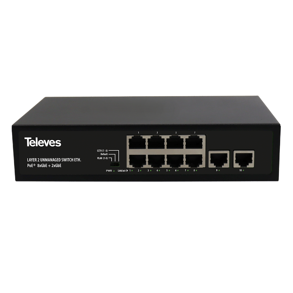 Ethernet Switch L2, Unmanaged 8xGbE (Long range PoE+, 110W) + 2xGbE