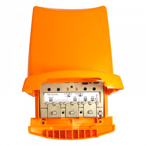 Amplificador de mástil de alta ganancia (un canal UHF) 3 entradas: UHF(canal)-UHF-VHFmix