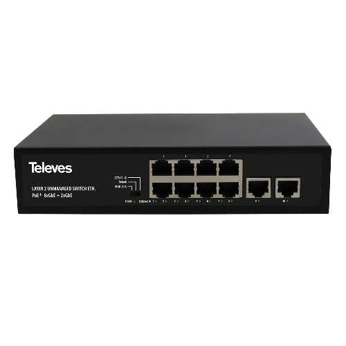 Commutateur Ethernet Layer 2 non gérable 8xGbE (Long range PoE+, 110W) + 2xGbE
